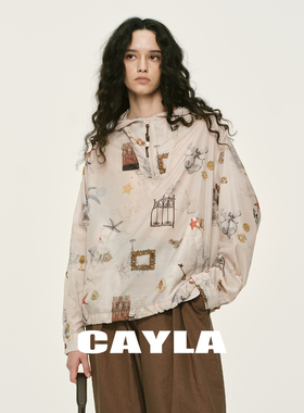 CAYLA春夏地中海风情印花宽松休闲长袖连帽拉链外套26SS107
