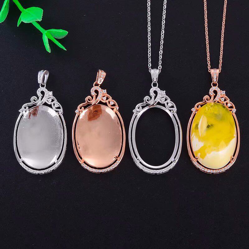 S925银新款大尺寸吊坠空托18*25可镶嵌蜜蜡绿松翡翠玉髓等