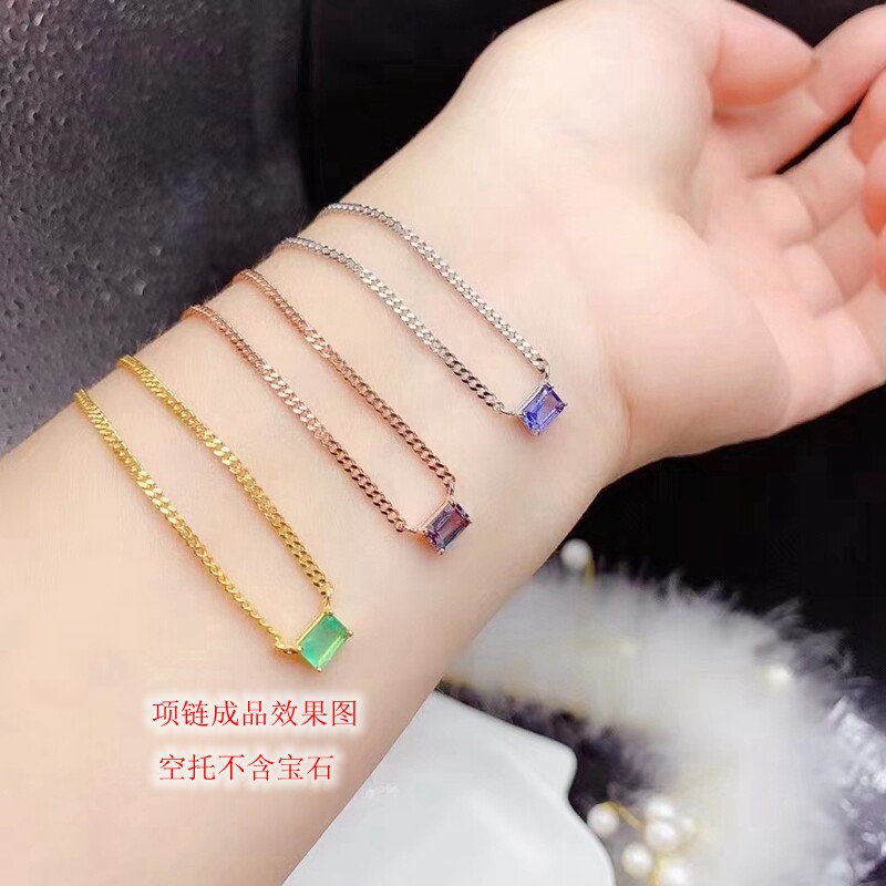 S925纯银项链锁骨链链牌吊坠银空托长方形4*6mm时尚简约流行银饰