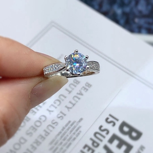 新S925纯银1克拉莫桑钻 女戒指空托镀18K白金固定圈口死扣银空托