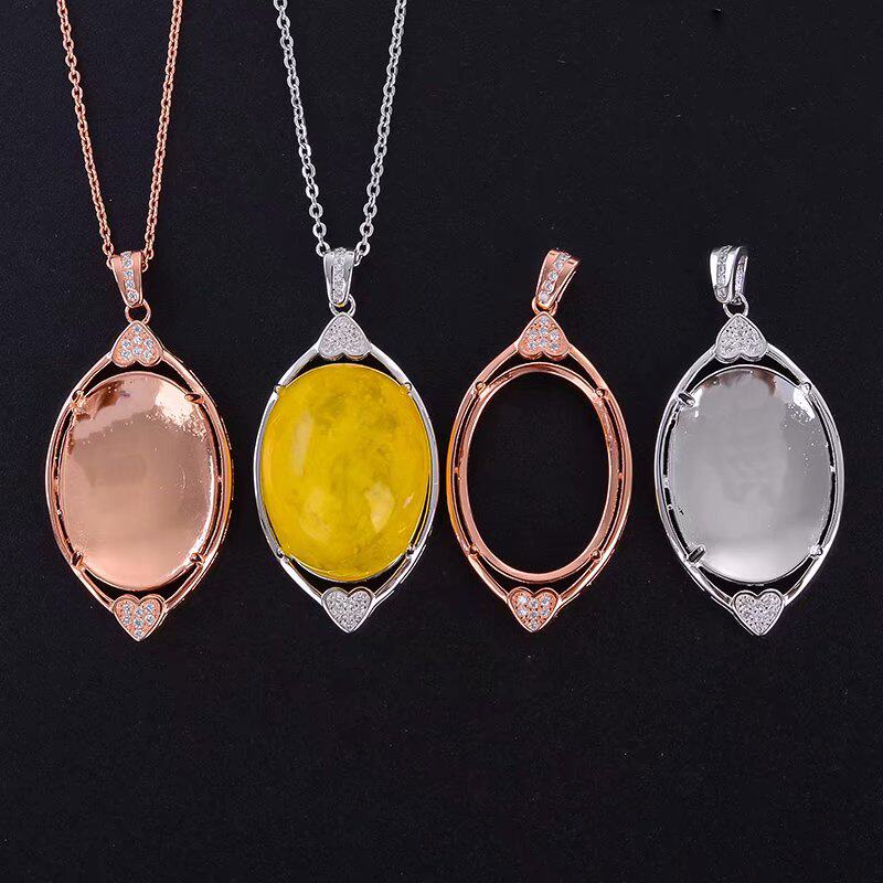 S925银新款大尺寸吊坠银1空托16*22mm可镶嵌蜜蜡绿松翡翠玉髓等