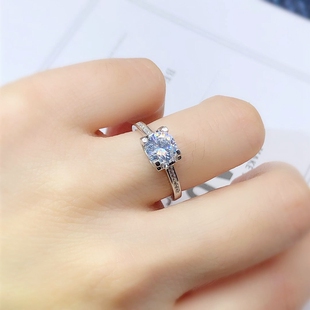 新S925纯银1克拉莫桑钻 女戒指空托镀18K白金固定圈口死扣
