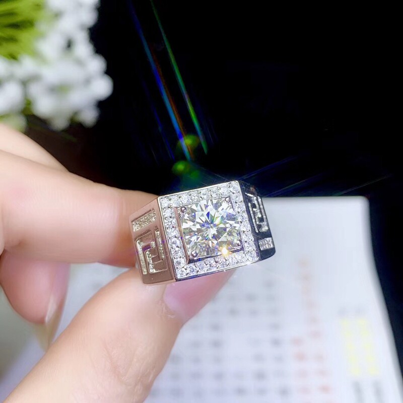 S925银男戒戒指成品 空托圆5圆6.5圆8mm镶嵌莫桑钻1 2 克拉水晶