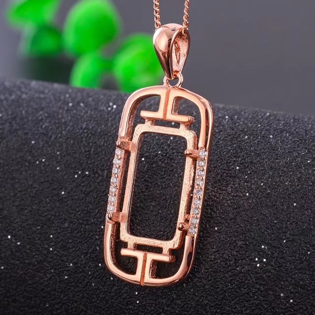 S925 银简约长方形吊坠挂坠空托尺寸8*13至15mm代镶嵌欧泊玉石等