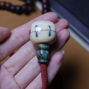 21mm大号猛犸牙老高白佛头三通后补银钉原矿松石佛塔文玩佛珠束尾