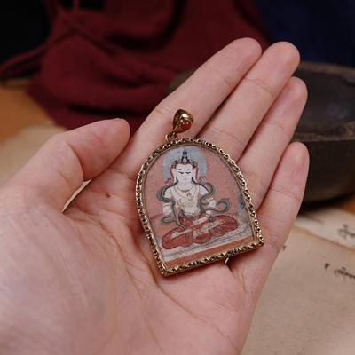 14k金嘎乌盒金刚萨垛画像老唐卡装藏嘎乌盒挂件配饰文玩吊坠挂饰
