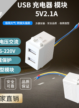 128型双口带线USB充电源模块AC220V插座2.1A5V手机充电面板地插