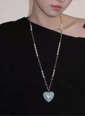 Vintage中古仿蓝松石满钻爱心十字架耳钉甜酷个性超闪y2k耳饰卫衣