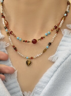 半山天然石爱心锁骨链女