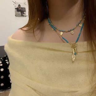 重工青金石项链女羽毛吊坠毛衣链圆珠锁骨链叠戴颈链