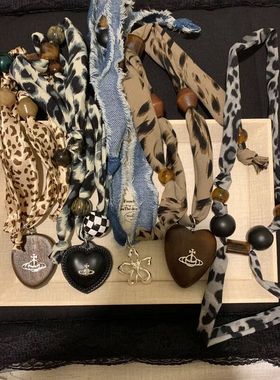 小众设计木珠串珠印花豹纹丝巾项链爱心花朵吊坠可调节锁骨链