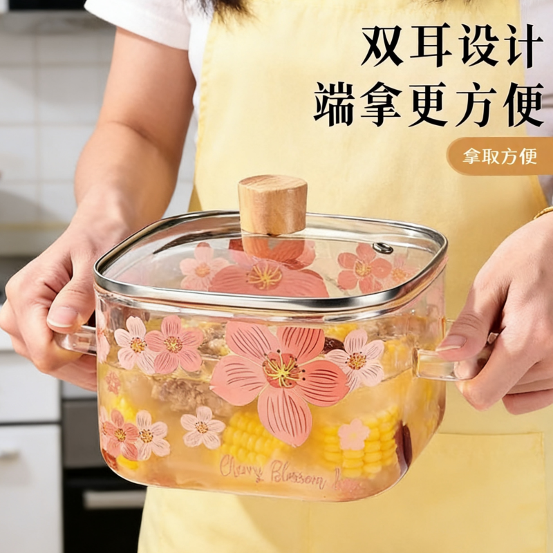 高硼硅玻璃炖锅双耳设计花朵图案带盖汤煲高颜值复古耐高温防爆碗,厨房/烹饪用具,炖锅/炖煲/汤煲,淘宝优惠券,粉丝福利购,淘宝优惠卷