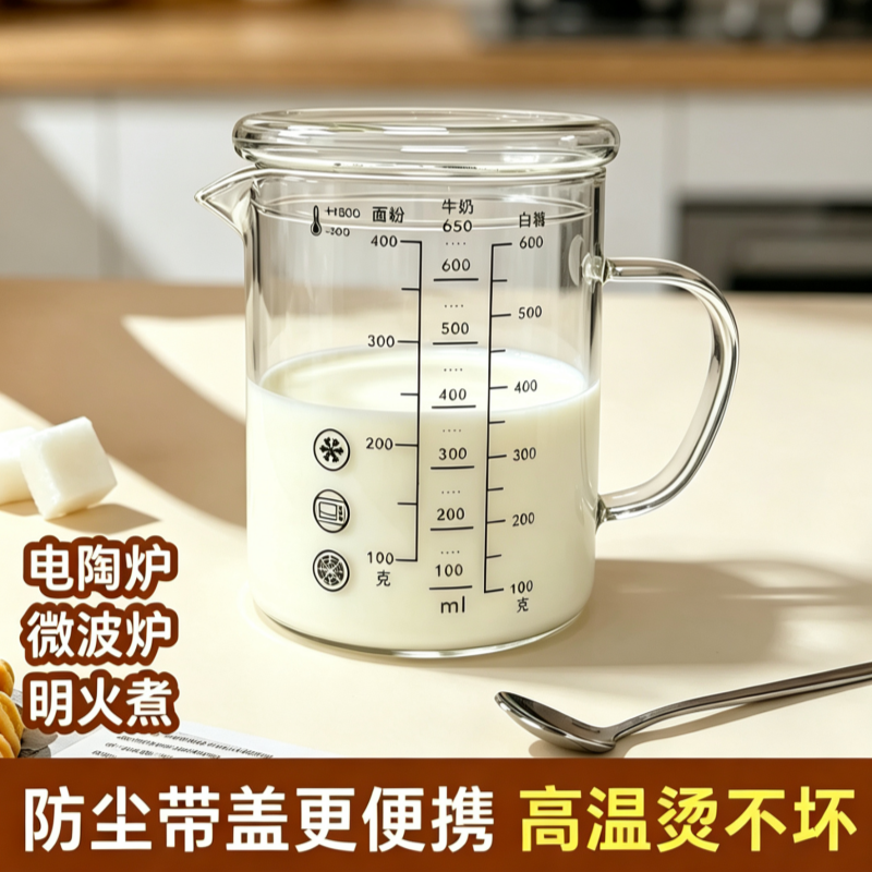 高硼硅玻璃刻度带盖微波量杯