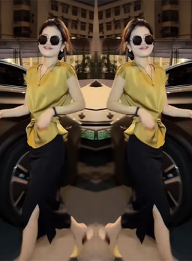 高级感气质黄色无袖衬衫夏新款绑带时髦衬衣时尚背心上衣+半身裙