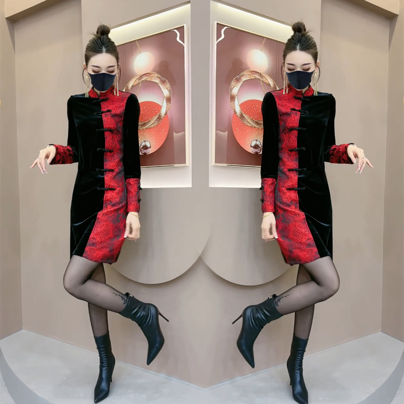 复古H型版型金丝绒拼色国风盘扣