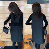 2026春秋法式 名媛风气质马甲连衣裙女黑色V领无袖 显瘦减龄两件套