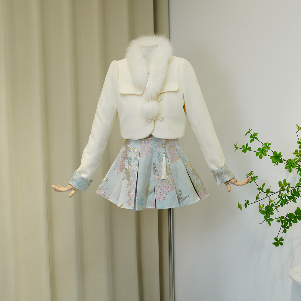新中式国风重工盘扣两件套加厚毛呢围脖外套百褶半身裙时尚套装女