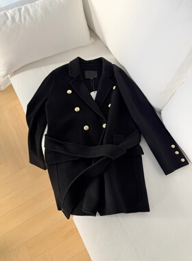 黑金配色双面呢大衣女中长款