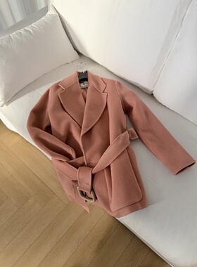 高级橘粉色腰带设计翻领手工双面呢大衣外套女中长款
