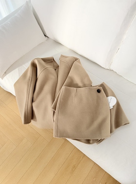 驼色手工双面呢羊毛上衣无扣外套+裙裤