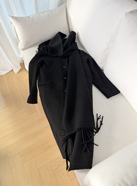 围巾黑色双面呢大衣女中长款