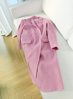 樱花粉双面呢大衣女中长款