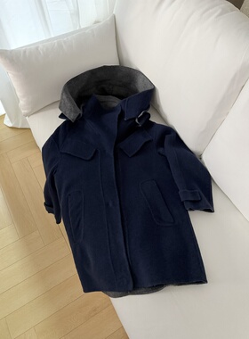 显白藏蓝色洋气双面呢大衣女中长款