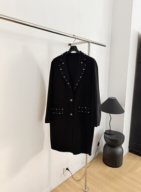 朋克摇滚风铆钉金属扣双毛呢黑色西装领大衣外套女中长款