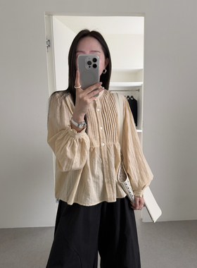 韩国hue 甜美气质木耳花边领泡泡袖百搭百褶衬衫上衣