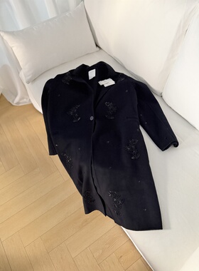 藏蓝色手工钉珠亮片双面呢大衣女中长款