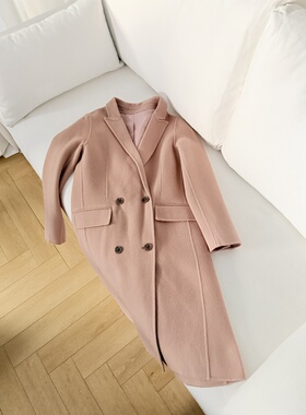 通勤直筒洋气豆沙粉西装领毛呢大衣女中长款