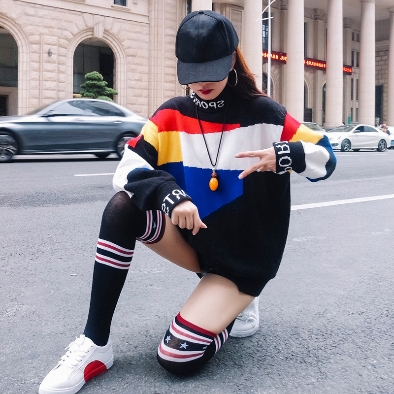 慵懒风加厚中长款拼色针织毛衣女