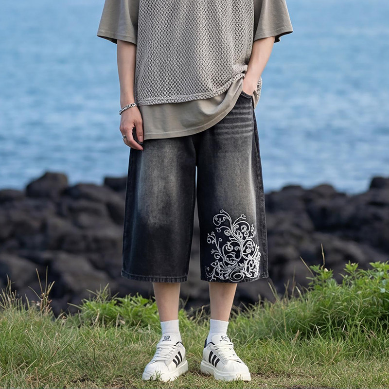 美式高街重工绣花七分牛仔裤男女2026年夏季新款宽松短裤阔腿裤子