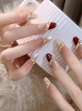 高级感红色法式中长款高级显白重工美甲指甲