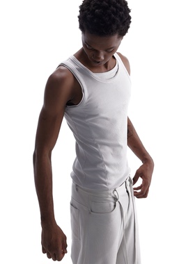 BEVAN UP|黑/灰 假两件立体剪裁修身坑条螺纹背心/打底