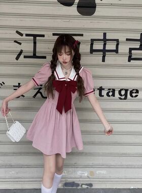 伞裙泡泡袖大蝴蝶结领显瘦粉色