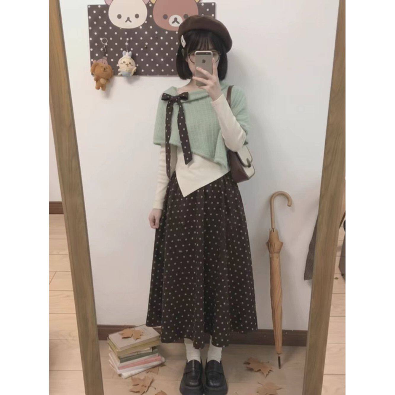 秋野茶会森系古早风内搭打底衫+蝴蝶结斗篷+波点半身裙三件套小众