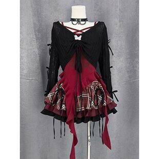 蝶屿奏鸣 秋装新款哥特暗黑系设计感挂脖叠穿罩衫辣妹短裙三件套