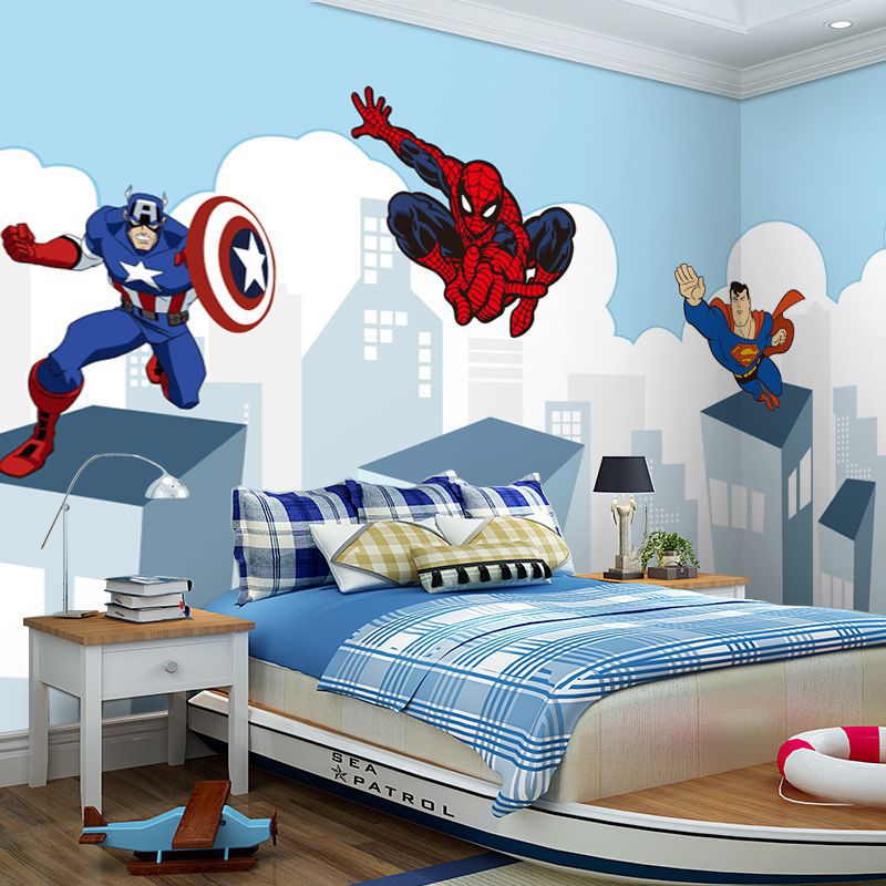 儿童房背景墙壁纸3d卡通动漫蜘蛛侠美国队长墙布超人男孩卧室壁画
