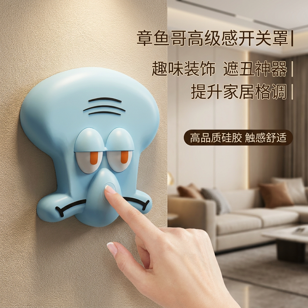 卡通章鱼哥开关面板可控制开关贴边框套高级感开关罩墙面遮丑装饰