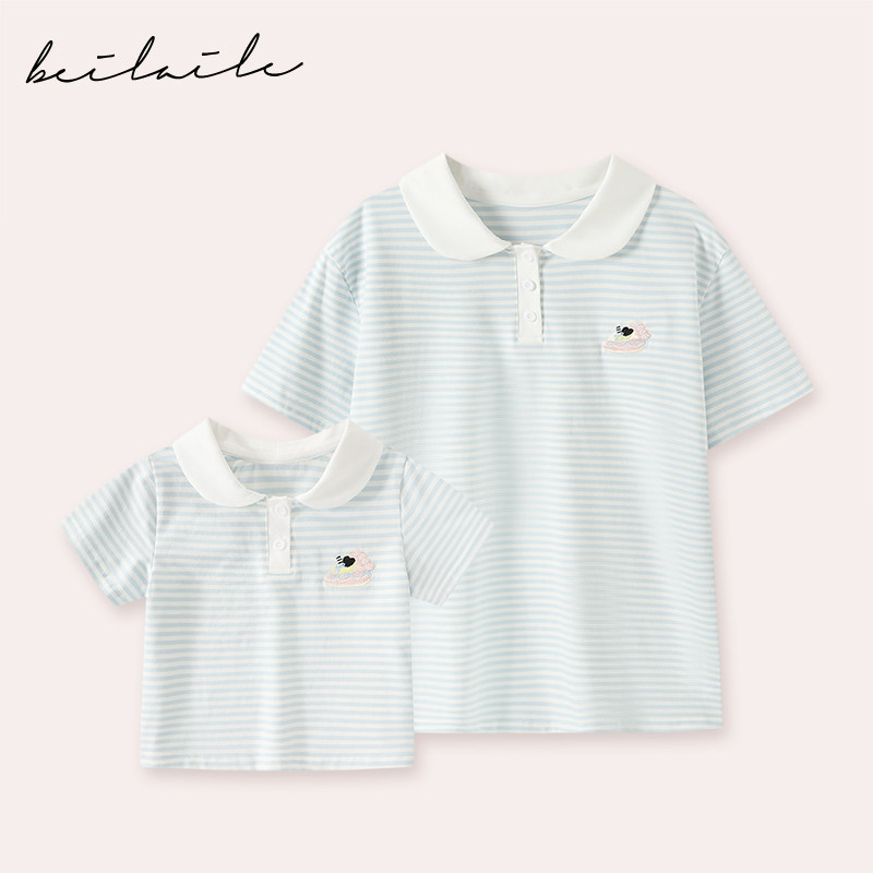 【亲子条纹蛋糕绣花T 小乐妈咪】婴儿男女童短袖条纹T恤夏装宝宝E