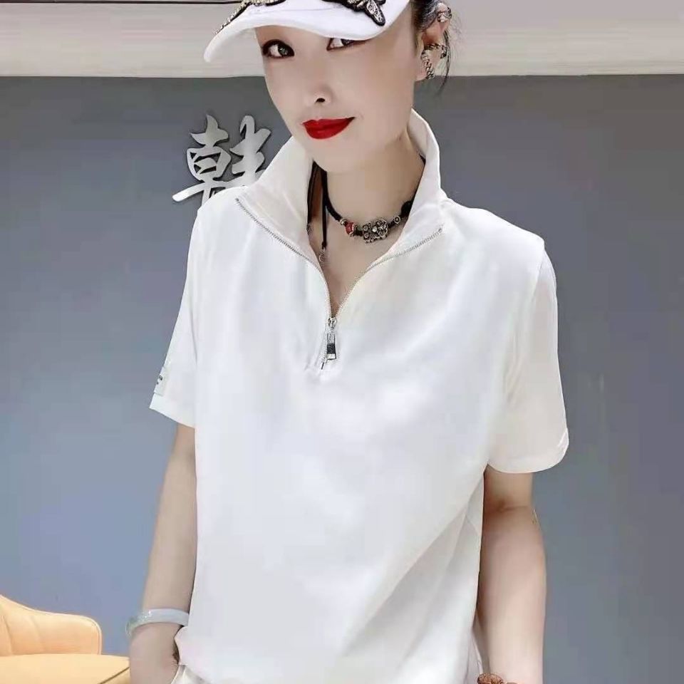 欧洲站2024女网红气质百搭高领上衣夏季新款拉链短袖宽松显瘦T恤