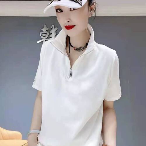 欧洲站2024女网红气质百搭高领上衣夏季新款拉链短袖宽松显瘦T恤