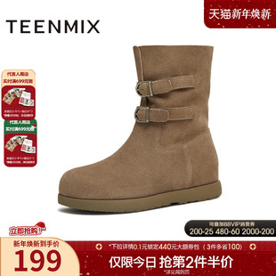 天美意复古厚底西部靴堆堆靴女时装 KXZ19DZ5 靴休闲短靴2025冬新款