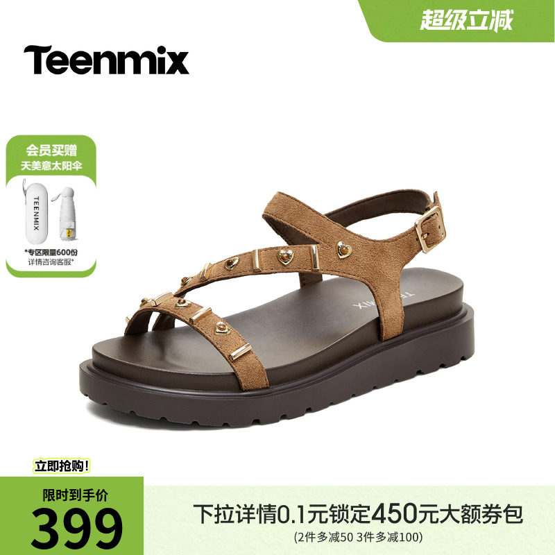 天美意一字带复古厚底凉鞋女外穿休闲时装凉鞋2026夏新款KI023BL6