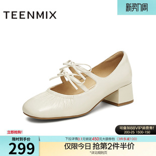 新款 春季 KM063AQ5 女高跟浅口单鞋 天美意复古银色芭蕾玛丽珍皮鞋