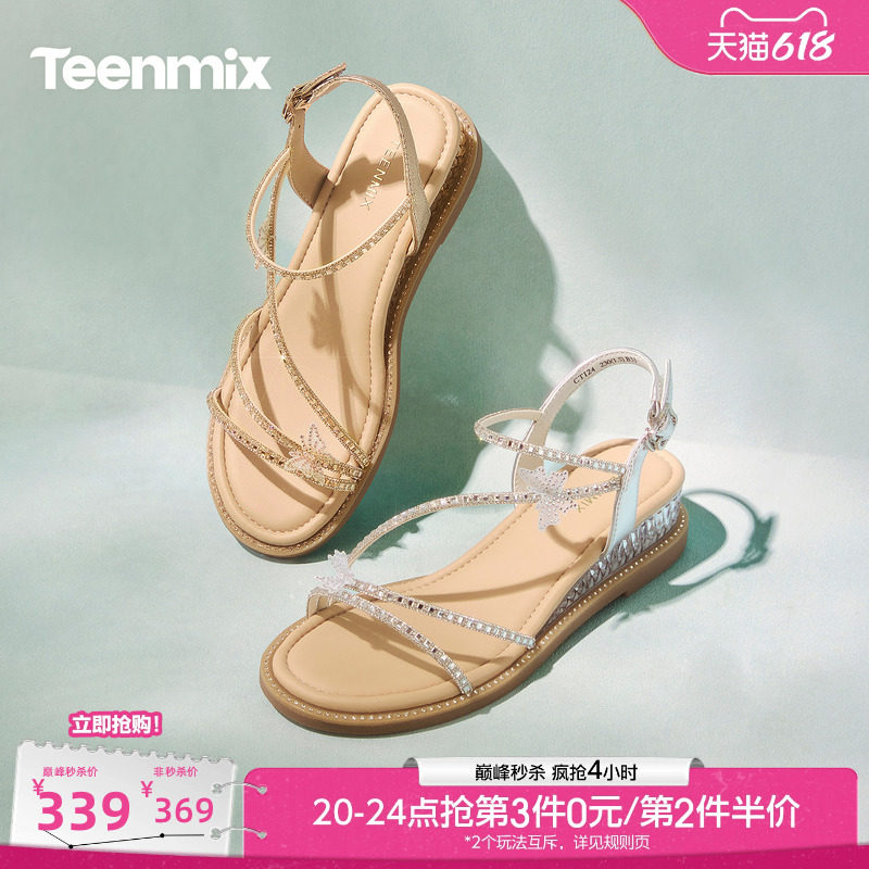 天美意一字带仙女风闪钻细带坡跟厚底凉鞋女时装凉鞋2026夏季新款