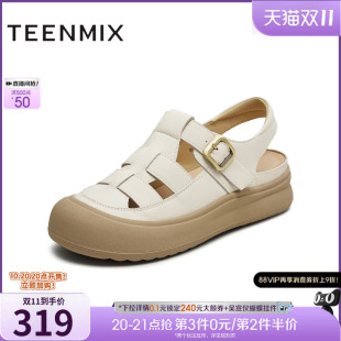 新款 夏季 女外穿沙滩休闲凉鞋 天美意厚底增高镂空包头罗马凉鞋