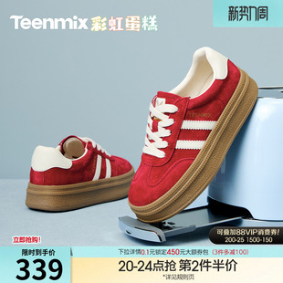 网面透气运动板鞋 天美意彩虹蛋糕厚底增高红色阿甘德训鞋 女秋新款