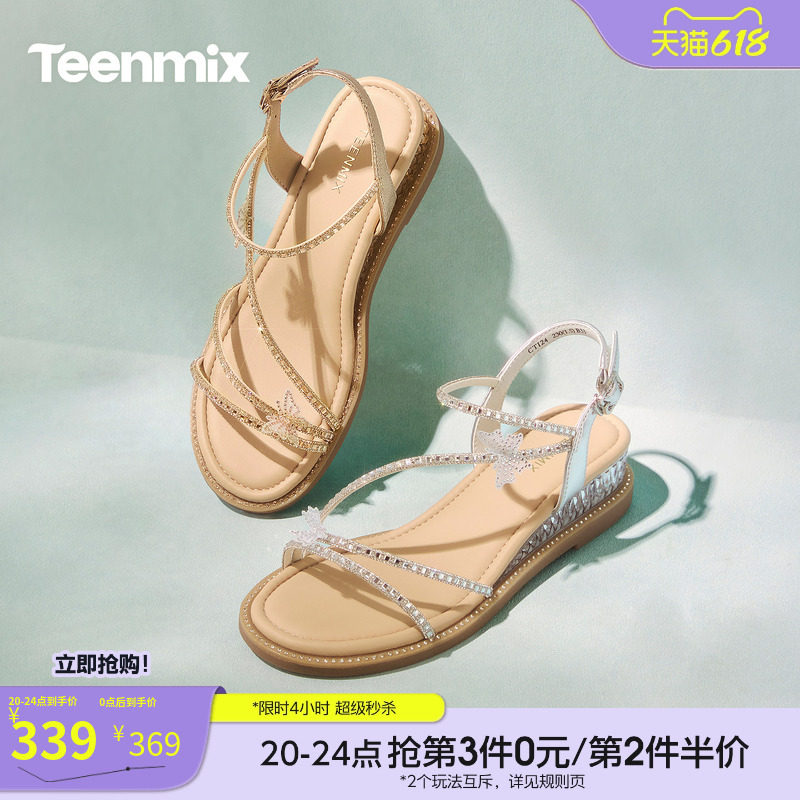 天美意一字带仙女风闪钻细带坡跟厚底凉鞋女时装凉鞋2026夏季新款